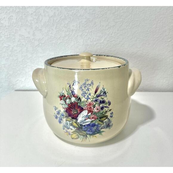 Other - Home & Garden Party Lg Stoneware Ceramic Pot with Handles Lid and Floral Design
